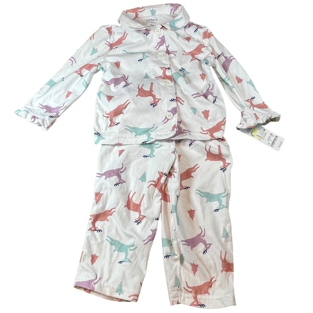 Carters Just One You‎ Reindeer Christmas Pajama Set 2pc White Pink Blue 18M NWT
